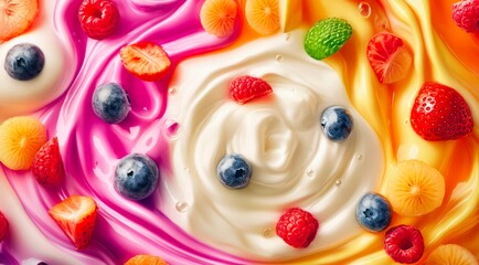 Surface of ice cream with fresh fruits and berries, food wallpaper background, top view.