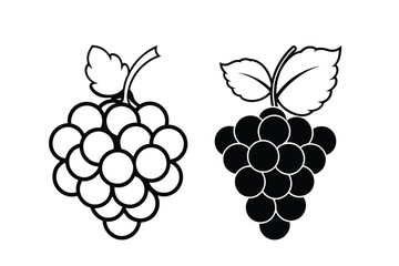 Black and White Grape Cluster Illustrations with Leaves