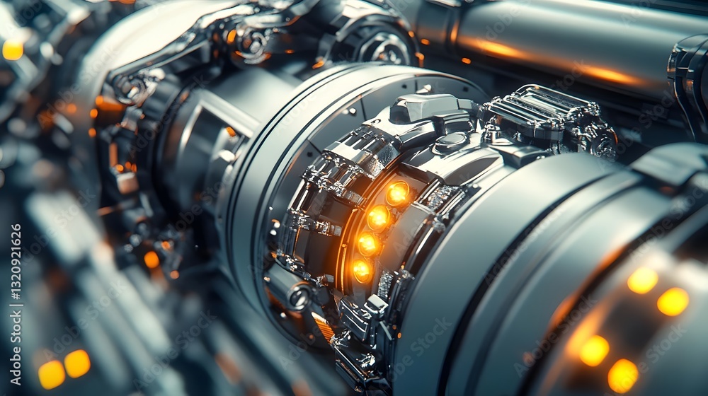 Poster close-up view of futuristic mechanical components with glowing lights, showcasing intricate design a