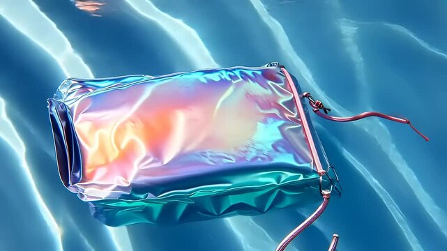 Holographic bag floating in water, rippled surface background