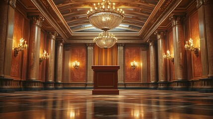 A lavish ballroom with chandeliers and a central speaker stand