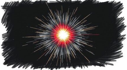 A hand-drawn sketch featuring a bright lens flare against an intensely black background. The illustration. Rough lines
