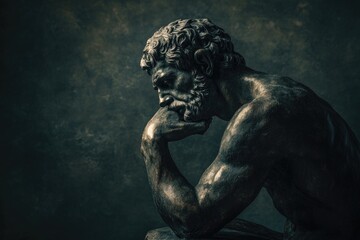 A statue of a man thoughtfully resting his hand on his chin, conveying introspection