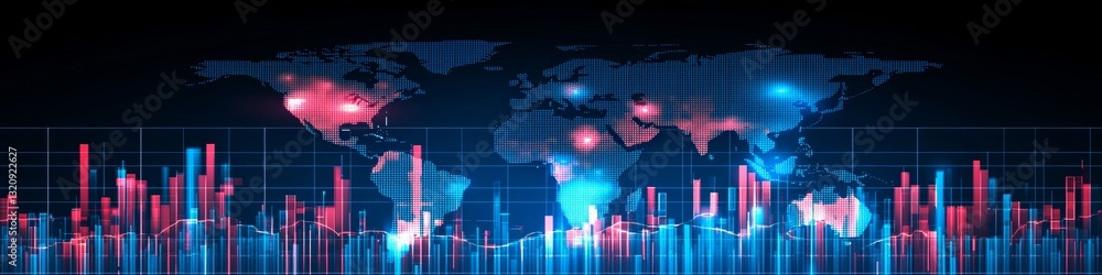 Poster global financial data visualization, abstract background with line graphs and world map