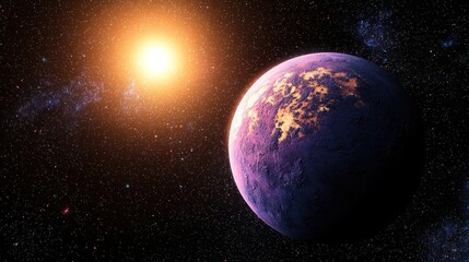 Fototapeta premium A Stunning Exoplanet: Purple Hues and Golden Sun