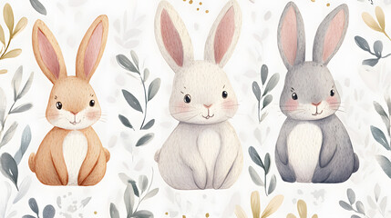 Obraz premium Charming hand-drawn Easter bunnies in pastel hues, perfect for festive cards.