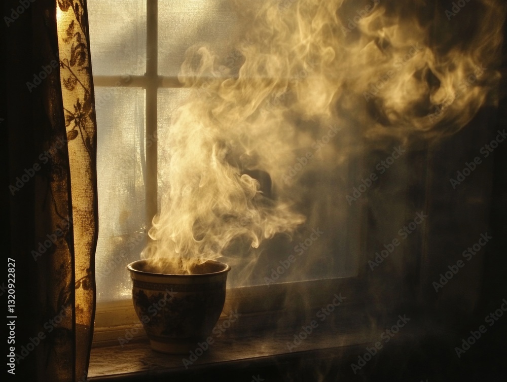 Poster a steaming hot meal in front of a sunny window, perfect for cozying up and enjoying a warm bite