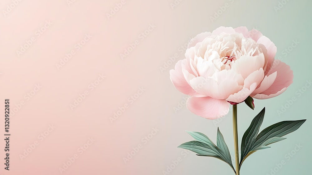Poster floral illustration abstract background concept. a delicate peony bloom with soft pink petals agains