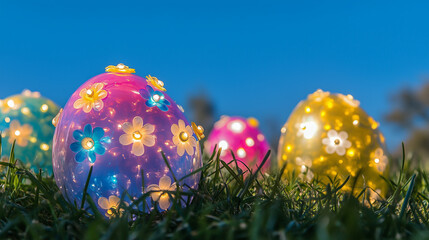 Colorful Easter glowing eggs decorated with flowers in grass against blue sky.