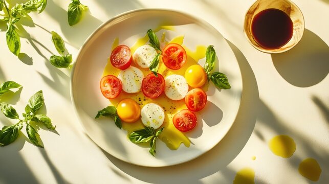A playful and colorful scene featuring Caprese salad made with locally sourced uniquely shaped tomatoes, fresh basil, and creamy farm mozzarella, arranged on a bright, clean plate.