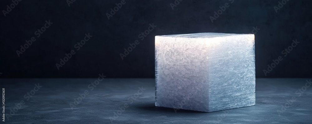 Poster material science composites concept. ice cube on a dark background with a textured surface.