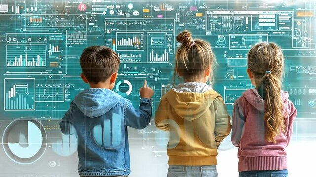 Young minds exploring data: Three children stand before a futuristic data display, their curiosity piqued by the vibrant graphics and interactive interface.