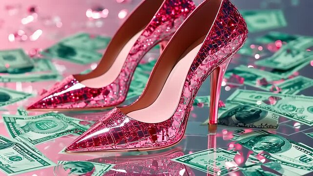 Luxurious pink high heels on dollar bills, sparkling jewels