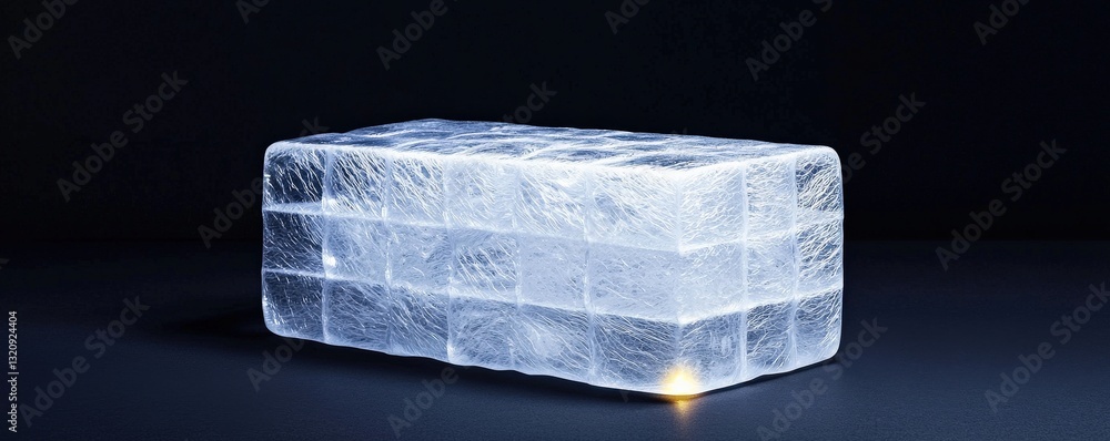 Poster material science composites concept. clear ice block on dark background.