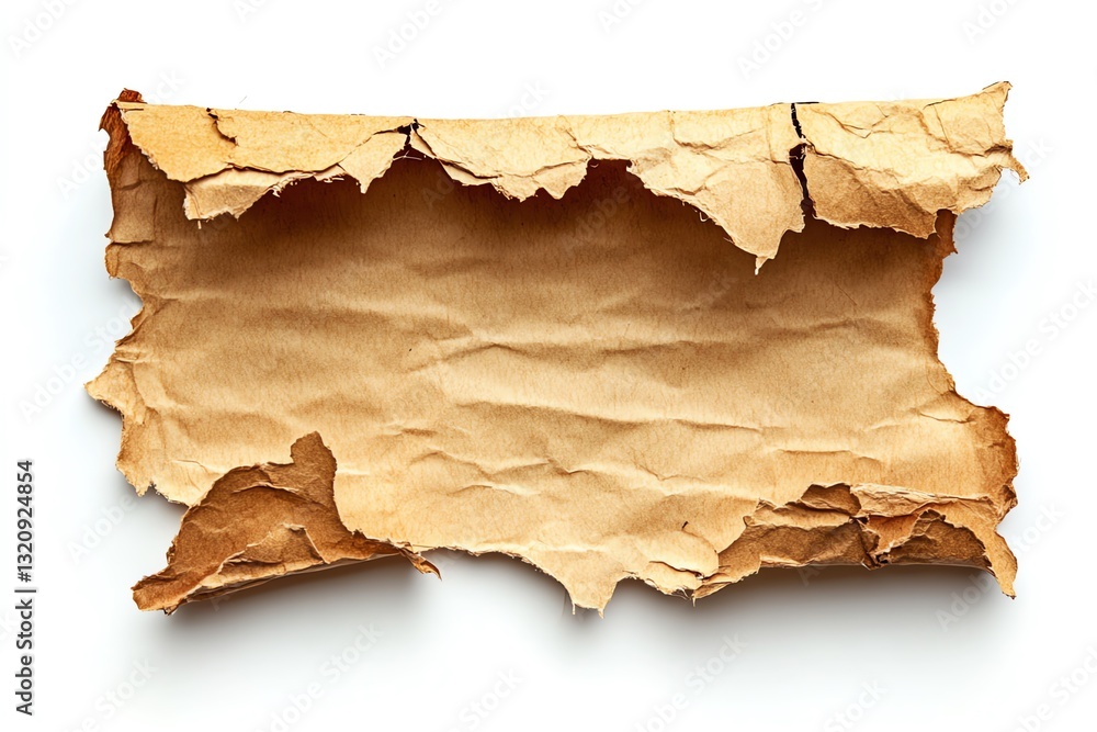 Poster aged paper scroll with torn edges over white backdrop