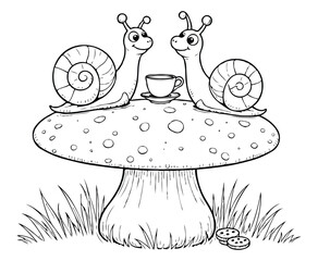 Snails Tea Party on Giant Mushroom Coloring Page