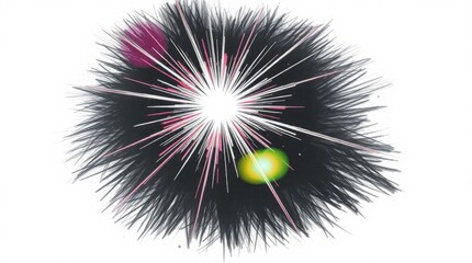 Hand-drawn sketch of a bright lens flare set against an intense jet black background. Random template