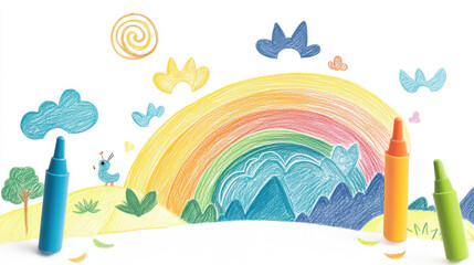 A vibrant rainbow drawn with colorful markers against a playful landscape backdrop.