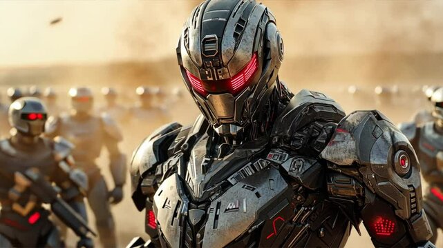 Cybernetic Sentinel: A futuristic, highly detailed image of a cybernetic soldier stands firm, with intense gaze in a dystopian landscape.
