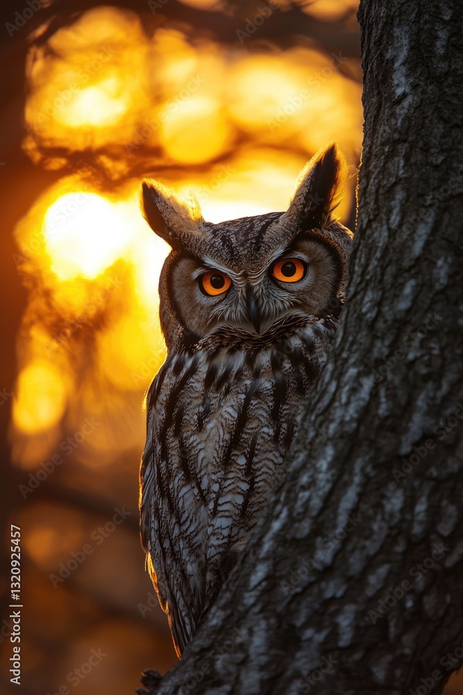 Poster close-up view of an owl perched on a tree branch, looking straight ahead