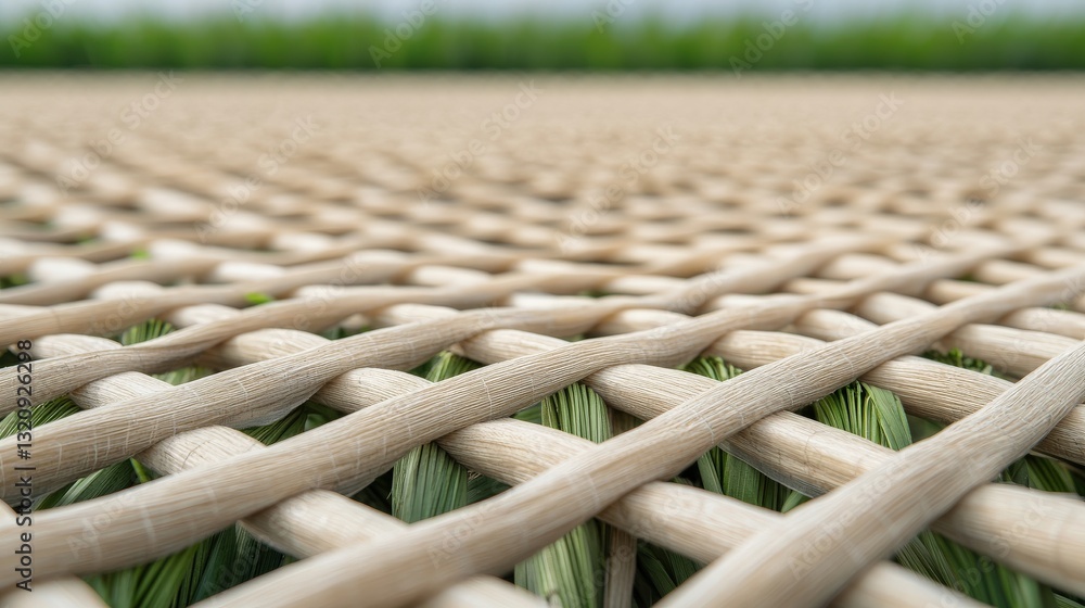 Poster material science composites concept. woven texture with grass peeking through, creating a natural pa
