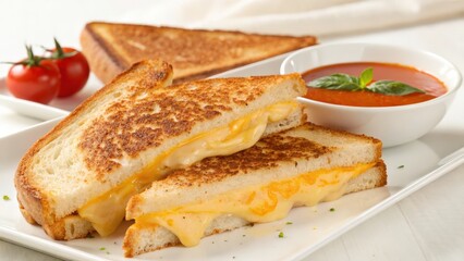 Gourmet Grilled Cheese Sandwich: A large, golden-brown grilled cheese sandwich, oozing with melted cheddar and mozzarella cheese.