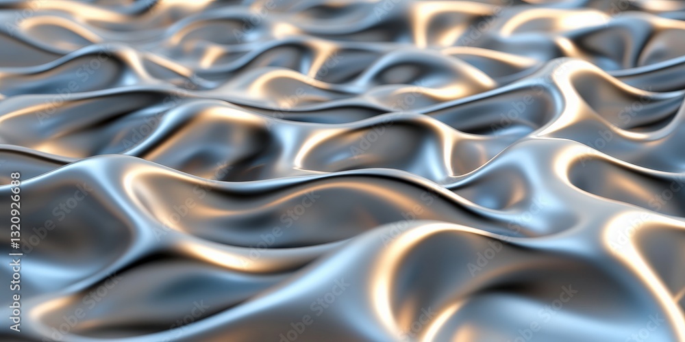 Poster material science composites concept. shimmering, undulating metallic surface with soft waves and ref