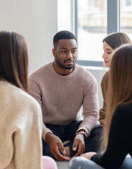 Supportive Alcoholics Anonymous Group Therapy Session – Diverse Individuals Engaged in Meaningful Conversation in a Minimalist Room with Natural Light and Concrete Walls