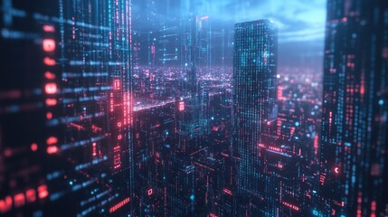 Futuristic Cityscape with Neon Lights and Digital Data Streams