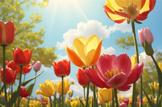 "Experience the vibrant beauty of spring.  
A dazzling field of tulips glows under the warm sunlight,  
their petals swaying gently in the breeze, creating a scene full of life and renewal."  
