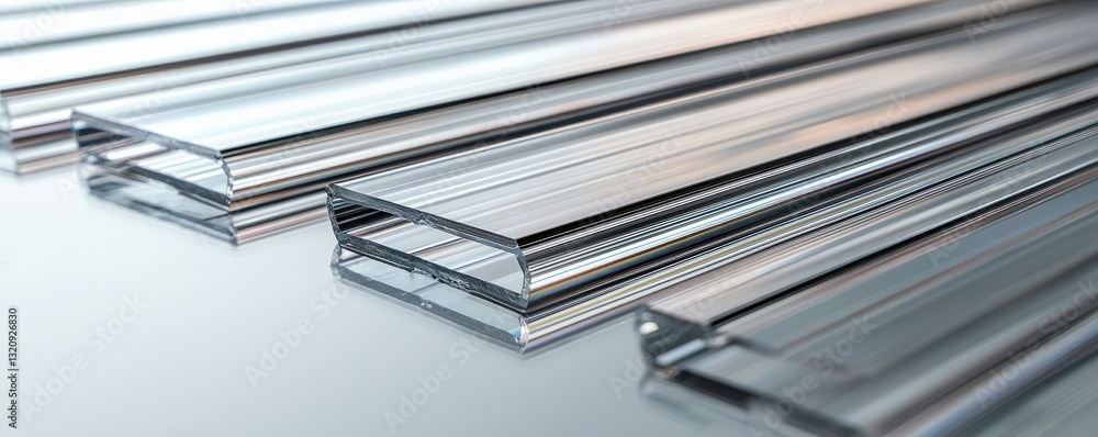Poster material science composites concept. metal sheets arranged in a row with a reflective surface.