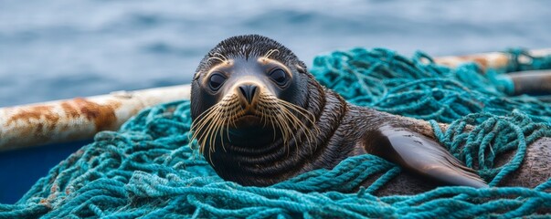 A curious sea lion rests comfortably among the blue netting