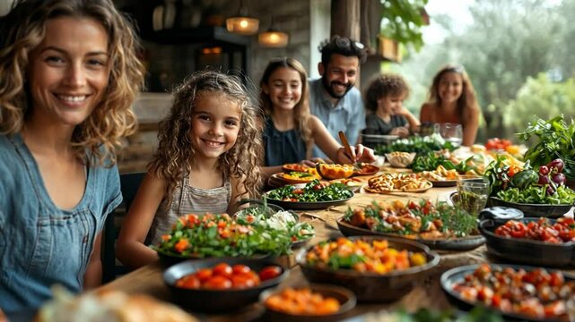 Family Feast: a harmonious family gathers around a table overflowing with colorful, healthy food, embracing the warmth and connection of a shared meal.