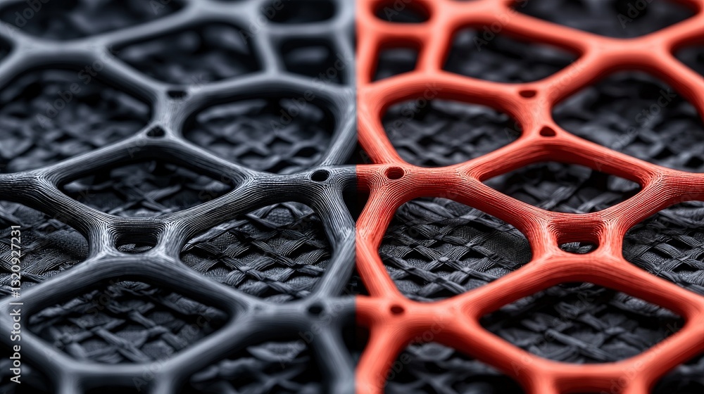 Poster material science composites concept. textured mesh in black and red showcasing geometric patterns.