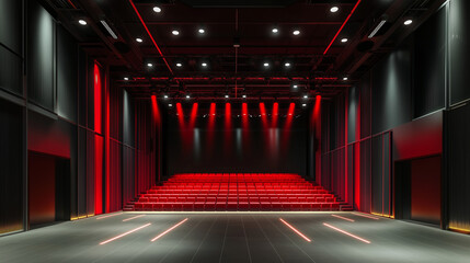  Modern theater auditorium with dramatic red lighting and empty seating for performing arts promotions and cinematic event posters. Copy space