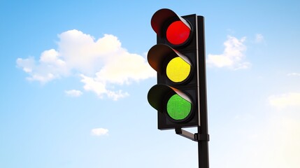 Colorful traffic light against blue sky.