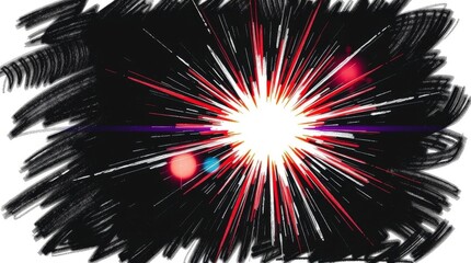 Hand-drawn sketch bright lens flare, intense jet black background