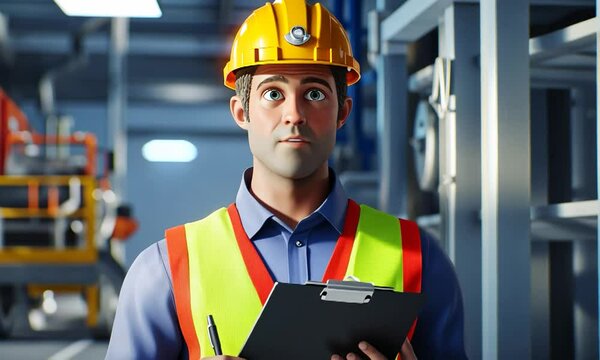Construction worker in safety gear inspecting machinery in a modern industrial facility