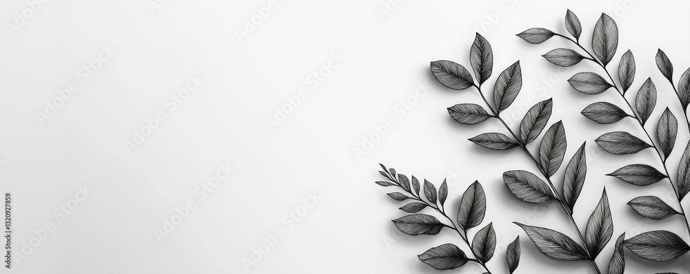 Poster Ink illustration abstract background concept. A collection of elegant leaves arranged on a minimalistic background.
