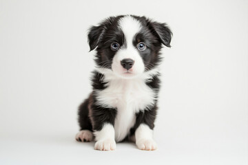 Adorable border collie puppy with black and white fur, capturing innocence and playfulness. isolated on white background.