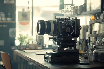 Vintage camera on a wooden table in a cozy caf?, surrounded by glass jars and plants in the background