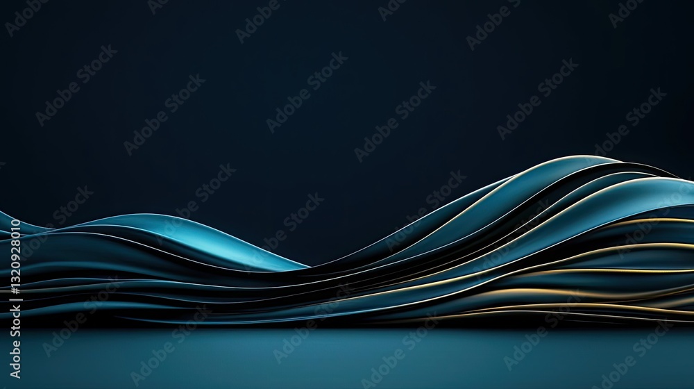 Poster Seascape abstract background idea. Abstract wavy lines in various colors on a dark background, creating a smooth digital effect.