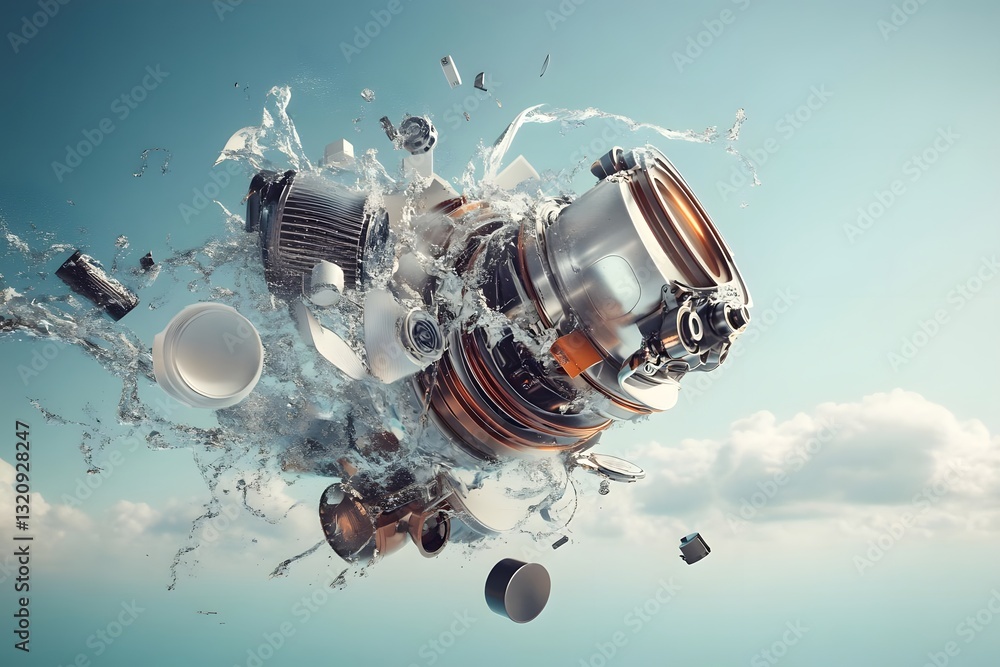 Poster abstract explosion of mechanical components amidst splashes of water and floating debris in the sky