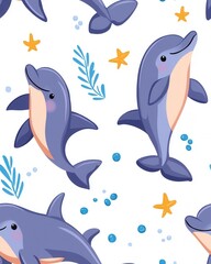 Obraz premium Curious dolphins playfully interacting with colorful starfish in crystal clear ocean waters under bright sunshine