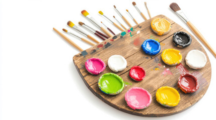 Naklejka premium Artist palette filled with vibrant colors and brushes for creative expression.