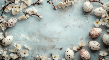 Easter background with easter eggs and spring flowers. Top view with copy space.
