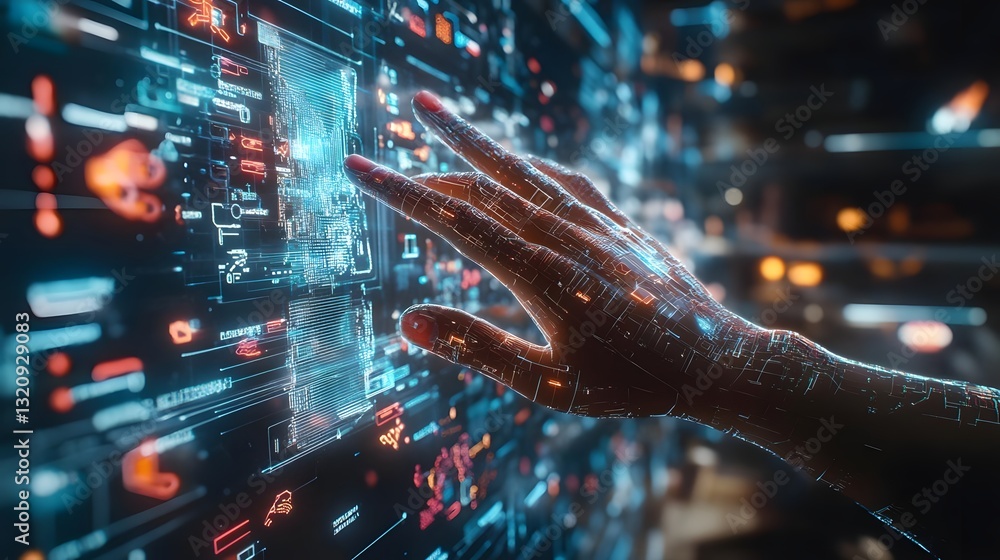 Poster futuristic hand interacting with a glowing digital interface filled with data and technology element