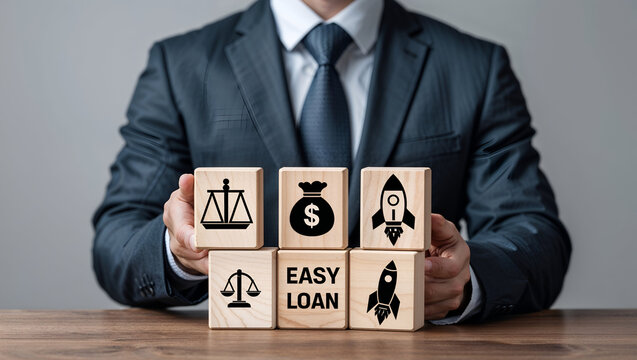 Business man holding styrofoam blocks with icons sees inscription: EASY LOAN. Concept of quick and easy loan, fast money providence, business and finance services. Timely payment. Easy instant LOAN