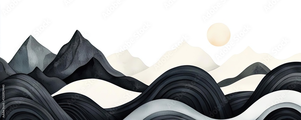 Poster ink illustration abstract background concept. stylish abstract mountains and waves with a sun in a s