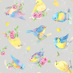 Watercolor Birds and Flowers Seamless Pattern. A delicate seamless pattern featuring beautifully hand-painted watercolor birds perched on branches, surrounded by soft pink roses and yellow blossoms. 